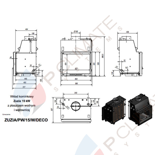 Топка с водяным контуром ZUZIA/PW/15/W/DECO, змеевик