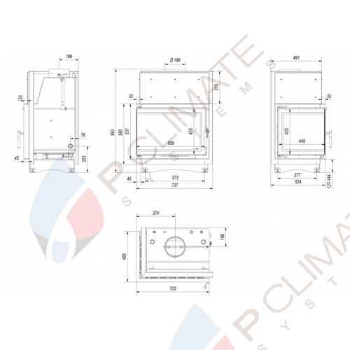 Топка с водяным контуром ZUZIA/PW/BL/15/BS/W/DECO, Г - образное стекло слева, змеевик