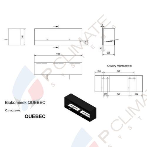 Биокамин Kratki QUEBEC (1150x398), TUV