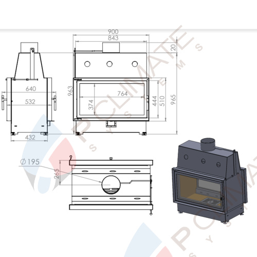 Топка ECT Double 90x51/C 15 кВт, 900/510, туннель, футеровка чугун