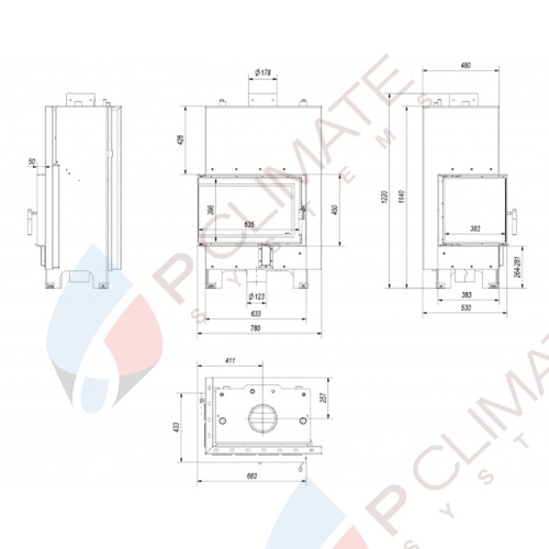 Топка с водяным контуром MBM/PW/10/L/BS/W, Г-образное стекло слева, змеевик