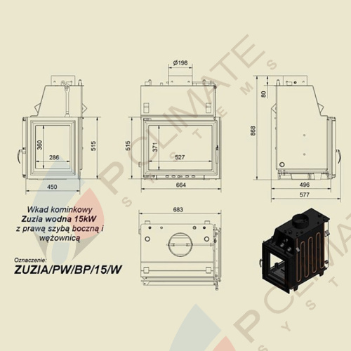 Топка с водяным контуром ZUZIA/PW/BP/15/W/Z, стекло справа, змеевик