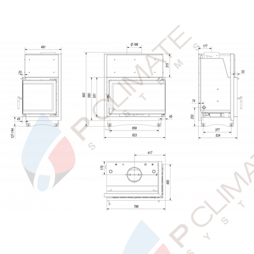 Топка с водяным контуром Oliwia/PW/BP/17/BS/W/DECO, Г-образное стекло справа, змеевик