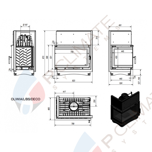 Топка OLIWIA/L/BS/DECO, Г-образное стекло слева