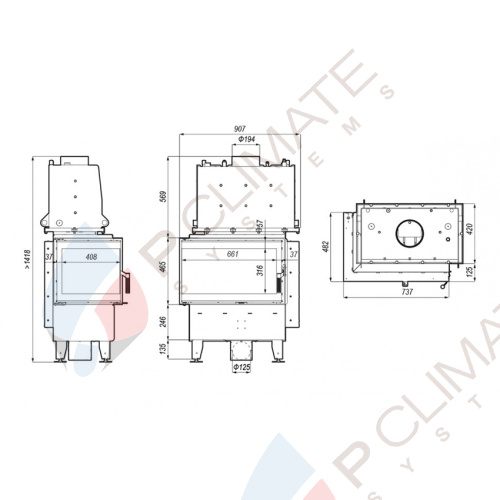 Топка DEFRO HOME RIVA SM BL SHORT, 16 кВт, 737/465/482мм, угловое стекло слева, с водяным контуром