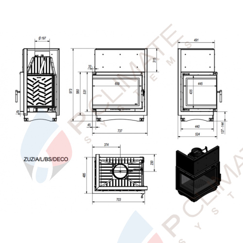 Топка ZUZIA/L/BS/DECO, Г-образное стекло слева