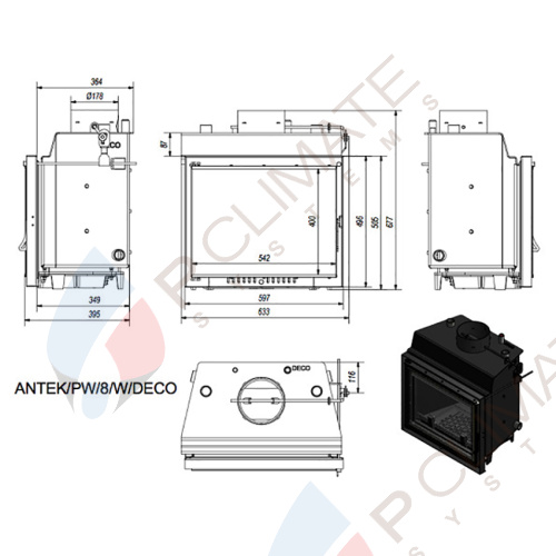 Топка с водяным контуром ANTEK/PW/8/W/DECO, змеевик