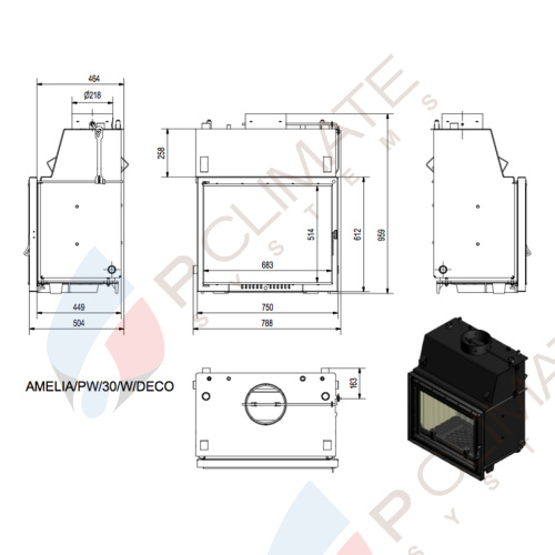 Топка с водяным контуром AMELIA/PW/30/W/DECO, змеевик