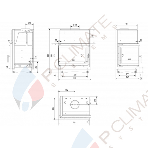 Топка с водяным контуром ZUZIA/PW/BL/19/BS/W/DECO, Г-образное стекло слева, змеевик