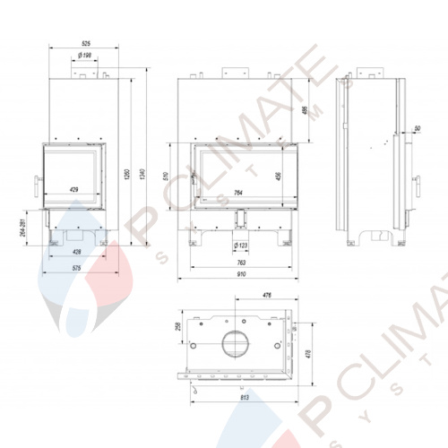 Топка с водяным контуром MBO/PW/15/P/BS/W, Г-образное стекло справа, змеевик