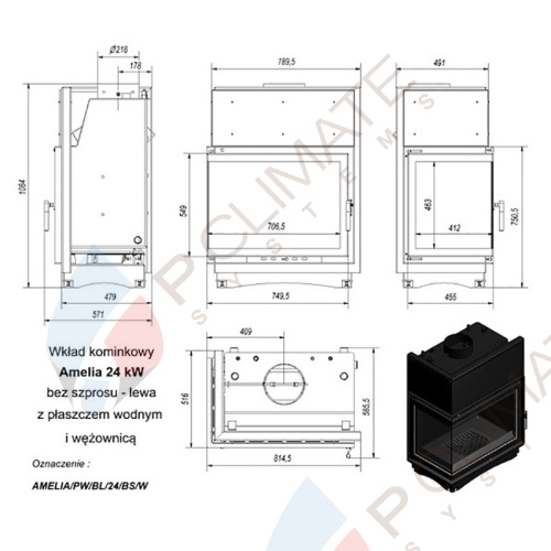 Топка с водяным контуром AMELIA/PW/BL/24/BS/W, Г-образное стекло слева, змеевик