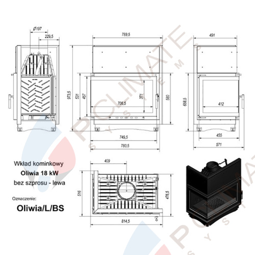 Топка OLIWIA/L/BS, Г-образное стекло слева