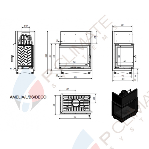 Топка AMELIA/L/BS/DECO, Г-образное стекло слева